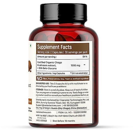 Rooted Actives Siberian Chaga mushroom Extract  (500 mg) |Blood Sugar, Heart & Immunity..
