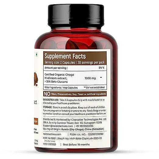 Rooted Actives Siberian Chaga mushroom Extract  (500 mg) |Blood Sugar, Heart & Immunity.Mushroom Extract CapsuleChaga mushroom Extract Capsules | For Blood Sugar, Heart & Immunity