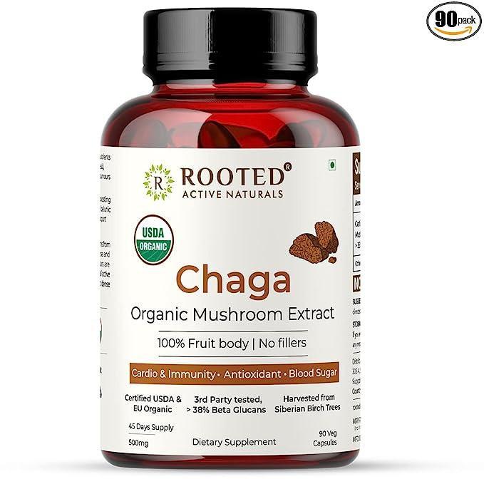 Rooted Actives Siberian Chaga mushroom Extract  (500 mg) |Blood Sugar, Heart & Immunity..
