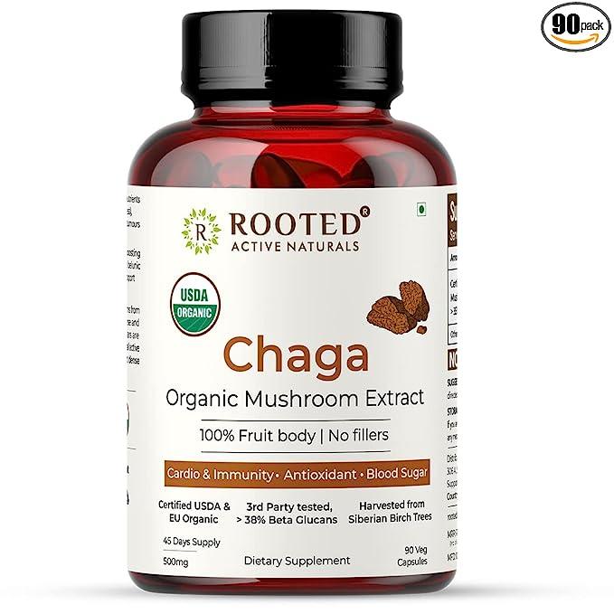 Rooted Actives Siberian Chaga mushroom Extract  (500 mg) |Blood Sugar, Heart & Immunity.Mushroom Extract CapsuleChaga mushroom Extract Capsules | For Blood Sugar, Heart & Immunity