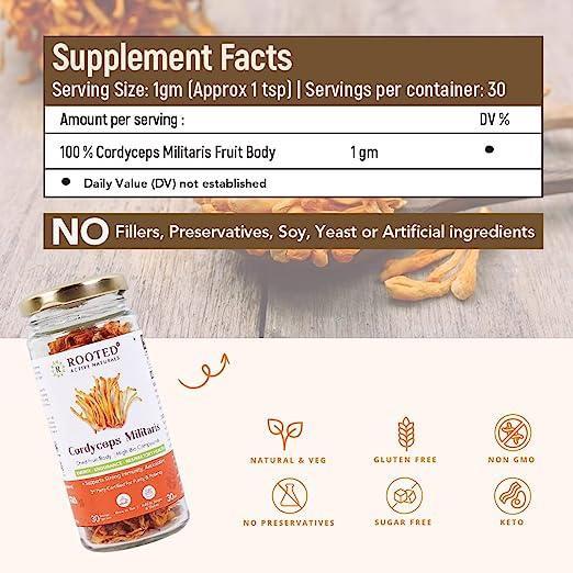 Rooted Actives Cordyceps (Dry Body) | Energy, Stamina, Supports Testosterone, Virility, Lung health | 25g, Organic.