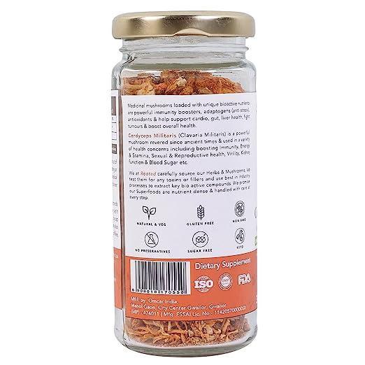 Rooted Actives Cordyceps (Dry Body) | Energy, Stamina, Supports Testosterone, Virility, Lung health | 25g, Organic.