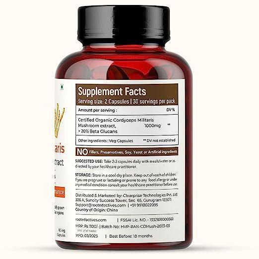 Rooted Actives Cordyceps Mushroom Extract  (60 caps, 500 mg) | Energy, Stamina, Supports Testosterone, Virility, Lung health.