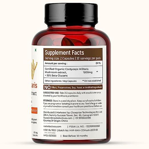 Rooted Actives Cordyceps Mushroom Extract  (60 caps, 500 mg) | Energy, Stamina, Supports Testosterone, Virility, Lung healthMushroom Extract CapsuleCordyceps Mushroom Extract Capsules | Energy, Stamina & Endurance