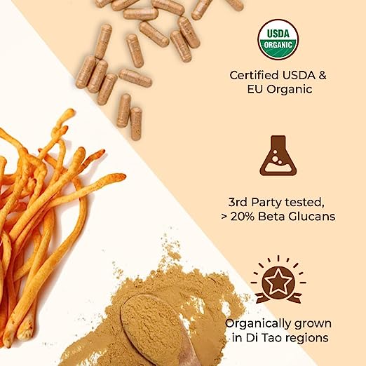 Rooted Cordyceps Mushroom Extract Capsules (60 caps, 500 mg) |Energy, Stamina & Endurance | Supports Testosterone, Virility, Lung health, Superfood supplement. USDA Organic, 20% Beta Glucans - CBD Store India