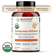 Rooted Cordyceps Mushroom Extract Capsules (60 caps, 500 mg) |Energy, Stamina & Endurance | Supports Testosterone, Virility, Lung health, Superfood supplement. USDA Organic, 20% Beta Glucans - CBD Store India