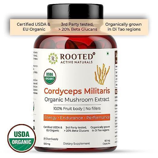 Rooted Actives Cordyceps Mushroom Extract  (60 caps, 500 mg) | Energy, Stamina, Supports Testosterone, Virility, Lung health.
