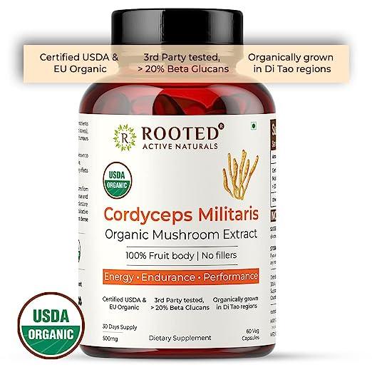 Rooted Actives Cordyceps Mushroom Extract  (60 caps, 500 mg) | Energy, Stamina, Supports Testosterone, Virility, Lung healthMushroom Extract CapsuleCordyceps Mushroom Extract Capsules | Energy, Stamina & Endurance