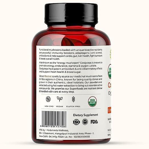 Rooted Actives Cordyceps Mushroom Extract  (60 caps, 500 mg) | Energy, Stamina, Supports Testosterone, Virility, Lung health.