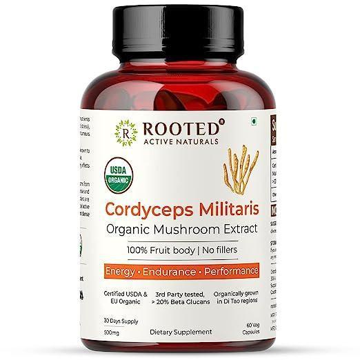 Rooted Actives Cordyceps Mushroom Extract  (60 caps, 500 mg) | Energy, Stamina, Supports Testosterone, Virility, Lung health.