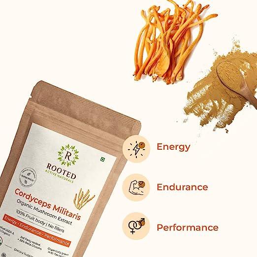 Rooted Actives Cordyceps Mushroom Extract powder (45 g) | Energy, Stamina & Endurance, Supports Testosterone, Virility, Lung health.mushroom powderCordyceps Mushroom Extract Powder | Energy, Stamina & Endurance
