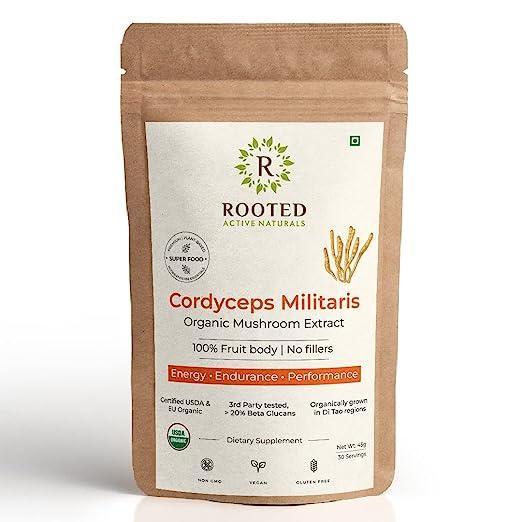 Rooted Actives Cordyceps Mushroom Extract powder (45 g) | Energy, Stamina & Endurance, Supports Testosterone, Virility, Lung health..