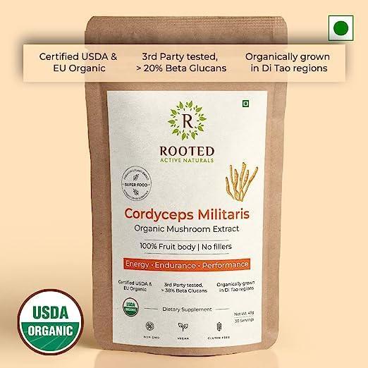 Rooted Actives Cordyceps Mushroom Extract powder (45 g) | Energy, Stamina & Endurance, Supports Testosterone, Virility, Lung health..