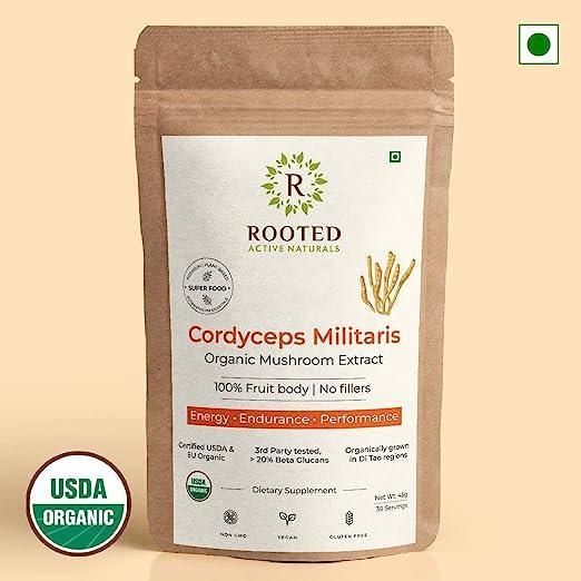 Rooted Actives Cordyceps Mushroom Extract powder (45 g) | Energy, Stamina & Endurance, Supports Testosterone, Virility, Lung health..