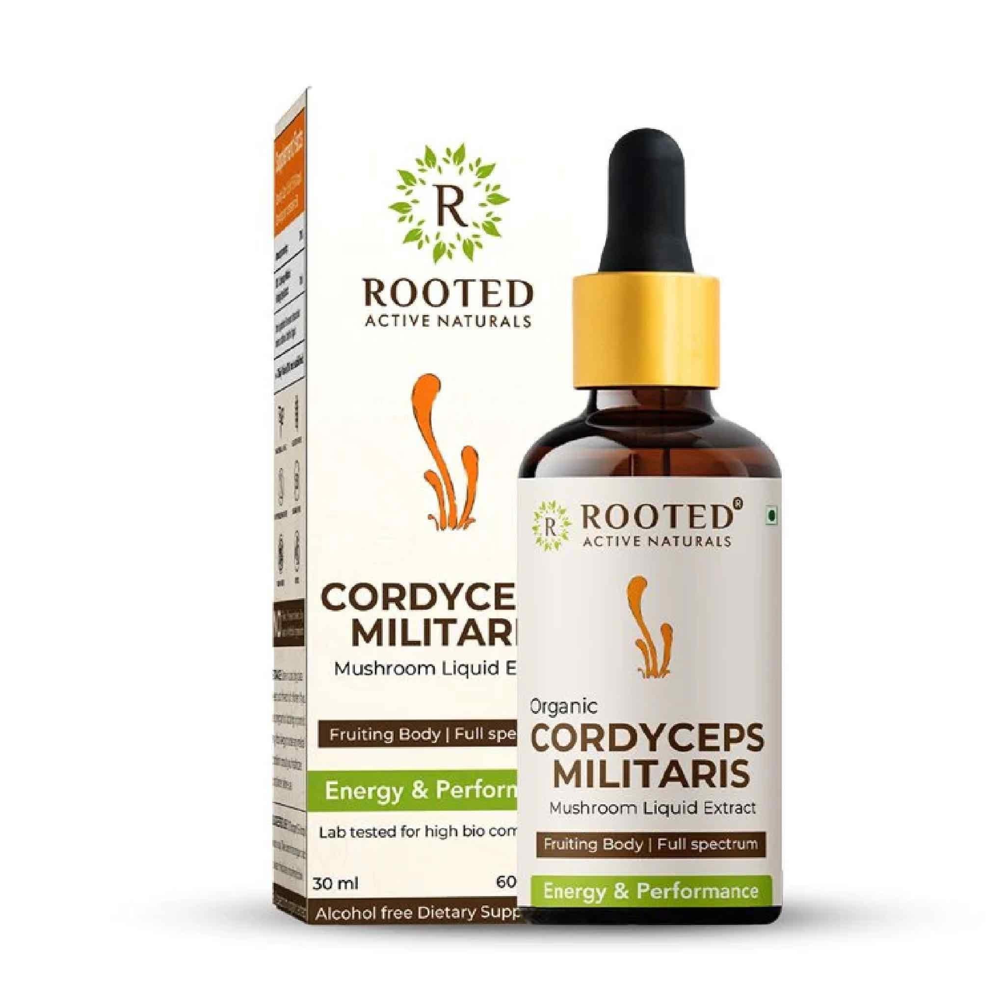 Rooted Actives Cordyceps Mushroom Liquid tincture |Energy, Stamina, Supports Testosterone, Virility, Lung health | 30 ml, Organic.