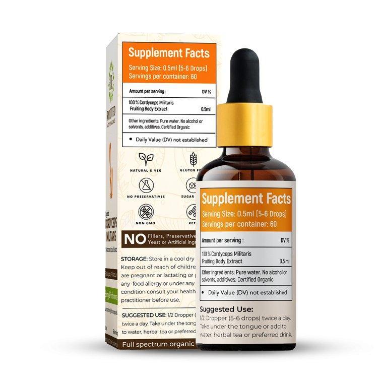 Rooted Actives Cordyceps Mushroom Liquid tincture |Energy, Stamina, Supports Testosterone, Virility, Lung health | 30 ml, Organic.