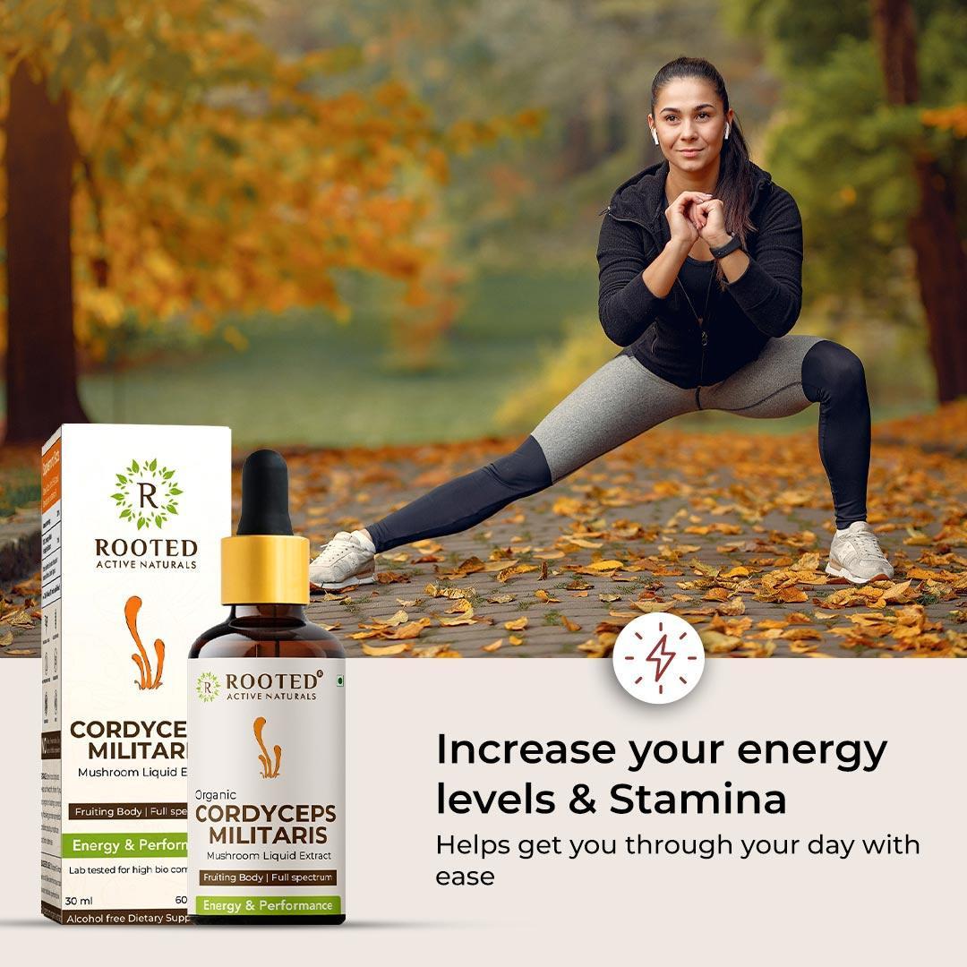 Rooted Actives Cordyceps Mushroom Liquid tincture |Energy, Stamina, Supports Testosterone, Virility, Lung health | 30 ml, Organic.