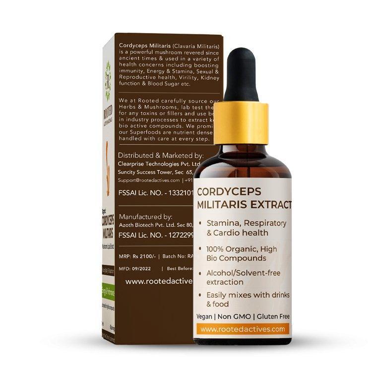 Rooted Actives Cordyceps Mushroom Liquid tincture |Energy, Stamina, Supports Testosterone, Virility, Lung health | 30 ml, Organic.