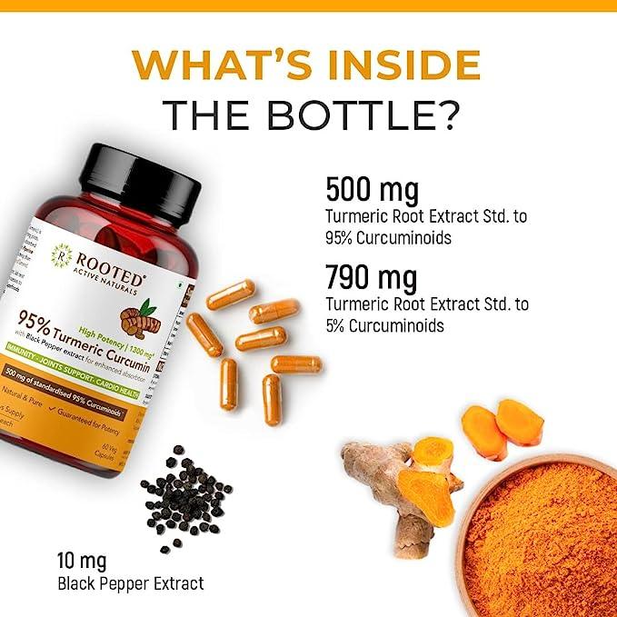 Rooted Curcumin (95%) with Black pepper Extract (for better absorption),1300mg, for Immunity, Joints Cardio Health| 60 VEG Capsules, 650 Mg eachTurmeric Curcumin with Black pepper extractTurmeric Curcumin with Black pepper extract (1300 mg) | CBD Store India