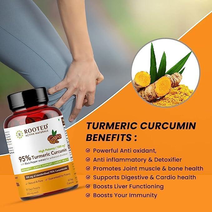Rooted Curcumin (95%) with Black pepper Extract (for better absorption),1300mg, for Immunity, Joints Cardio Health| 60 VEG Capsules, 650 Mg each.