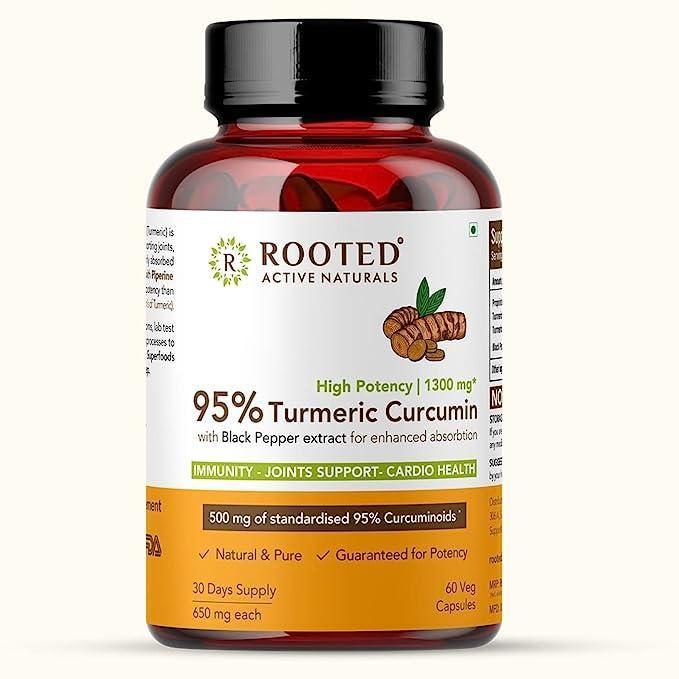 Rooted Curcumin (95%) with Black pepper Extract (for better absorption),1300mg, for Immunity, Joints Cardio Health| 60 VEG Capsules, 650 Mg each.