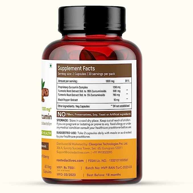 Rooted Curcumin (95%) with Black pepper Extract (for better absorption),1300mg, for Immunity, Joints Cardio Health| 60 VEG Capsules, 650 Mg each - CBD Store India