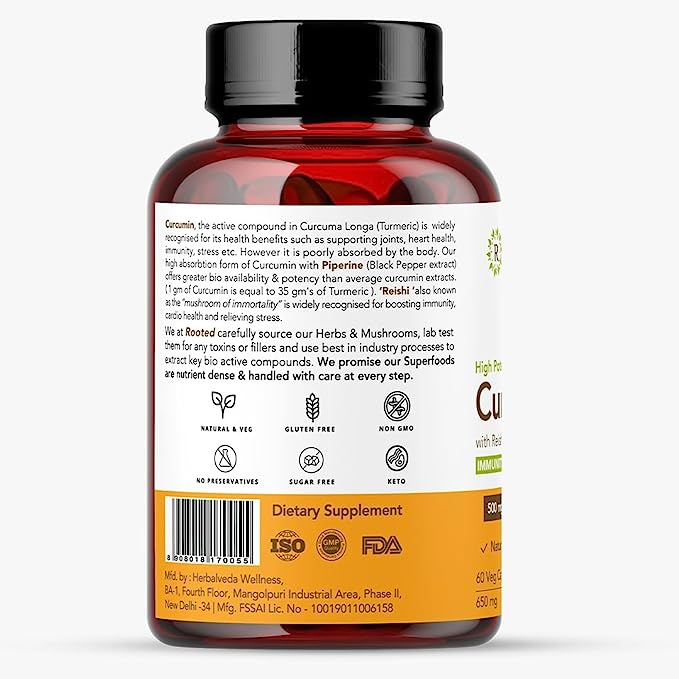 Rooted Curcumin (95%) with Reishi & Black Pepper Extract (for better absorption)1300mg, for Immunity, Joints Cardio Health| 60 VEG Capsules, 650 Mg each - CBD Store India