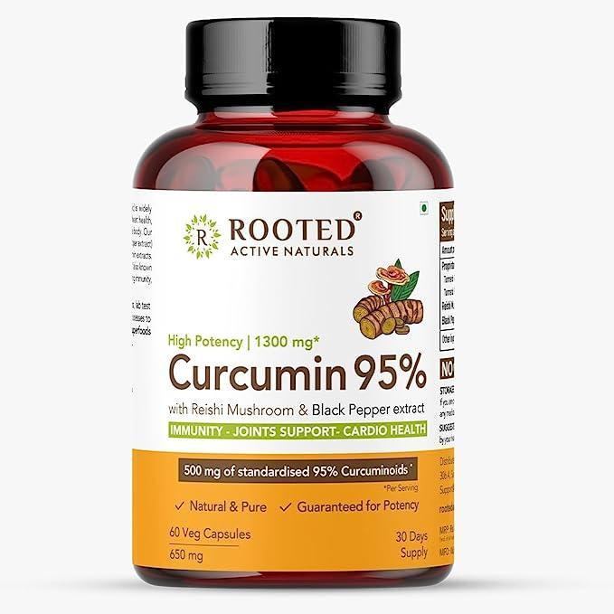 Rooted Curcumin (95%) with Reishi & Black Pepper Extract (for better absorption)1300mg, for Immunity, Joints Cardio Health| 60 VEG Capsules, 650 Mg each.