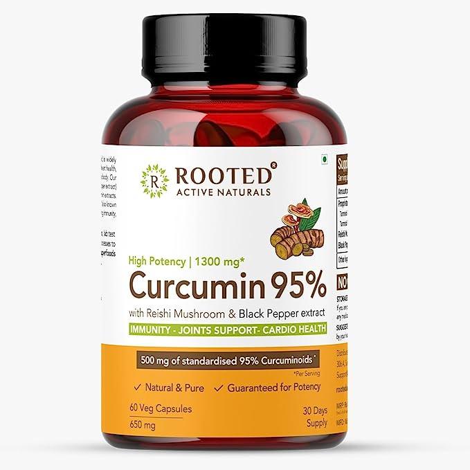 Rooted Curcumin (95%) with Reishi & Black Pepper Extract (for better absorption)1300mg, for Immunity, Joints Cardio Health| 60 VEG Capsules, 650 Mg eachTurmeric Curcumin with Black pepper extractTurmeric Curcumin with Reishi & Black pepper Extract (1300 mg)