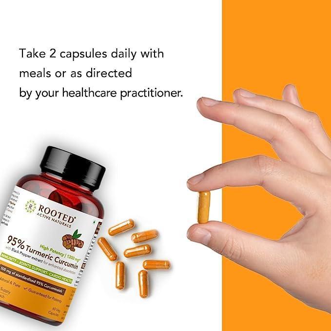 Rooted Curcumin (95%) with Reishi & Black Pepper Extract (for better absorption)1300mg, for Immunity, Joints Cardio Health| 60 VEG Capsules, 650 Mg each.