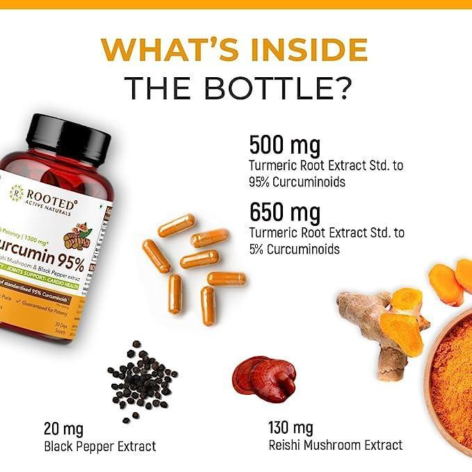Rooted Curcumin (95%) with Reishi & Black Pepper Extract (for better absorption)1300mg, for Immunity, Joints Cardio Health| 60 VEG Capsules, 650 Mg each.