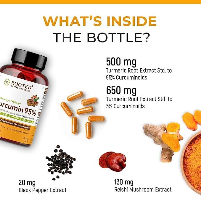 Rooted Curcumin (95%) with Reishi & Black Pepper Extract (for better absorption)1300mg, for Immunity, Joints Cardio Health| 60 VEG Capsules, 650 Mg eachTurmeric Curcumin with Black pepper extractTurmeric Curcumin with Reishi & Black pepper Extract (1300 mg)