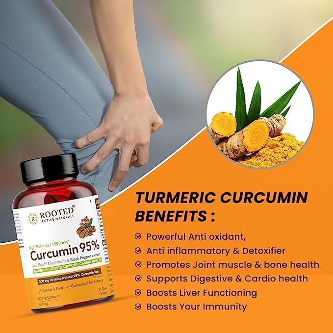Rooted Curcumin (95%) with Reishi & Black Pepper Extract (for better absorption)1300mg, for Immunity, Joints Cardio Health| 60 VEG Capsules, 650 Mg each.