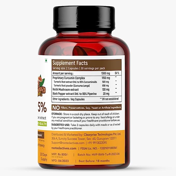 Rooted Curcumin (95%) with Reishi & Black Pepper Extract (for better absorption)1300mg, for Immunity, Joints Cardio Health| 60 VEG Capsules, 650 Mg each - CBD Store India