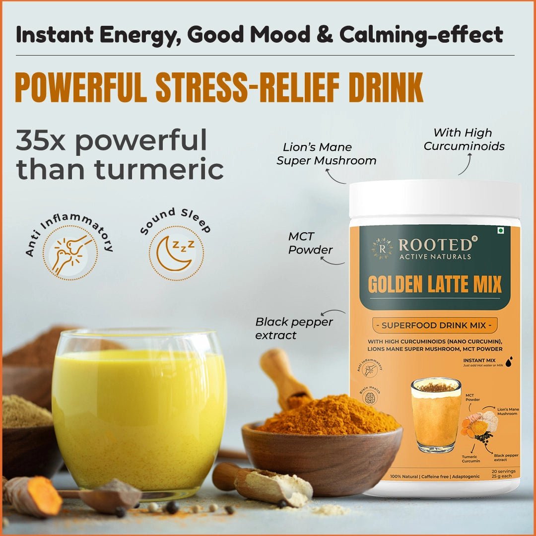 Rooted Golden Turmeric Milk Latte Mix, 500 gm | with Lion's Mane Mushroom, Nano curcumin, MCT powder | Haldi Milk | Reduces Stress, Antioxidant, Anti Inflammatory, Brain & memory booster - CBD Store India