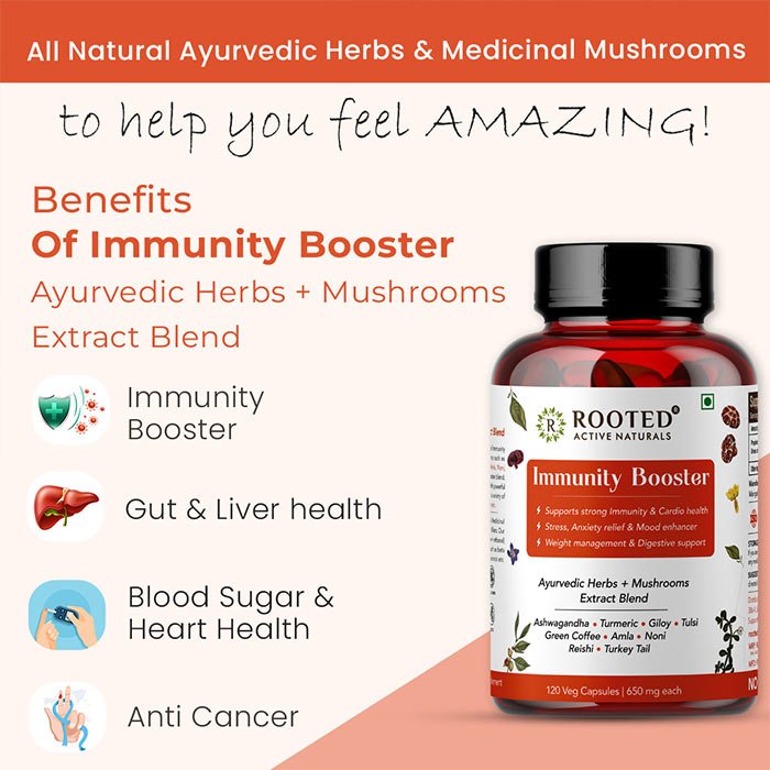 Rooted Immunity Booster Blend for Immune support, Cardio & Digestive health | 120 Veg Caps of 650 mg each | Super Herbs Extract Powder - CBD Store India