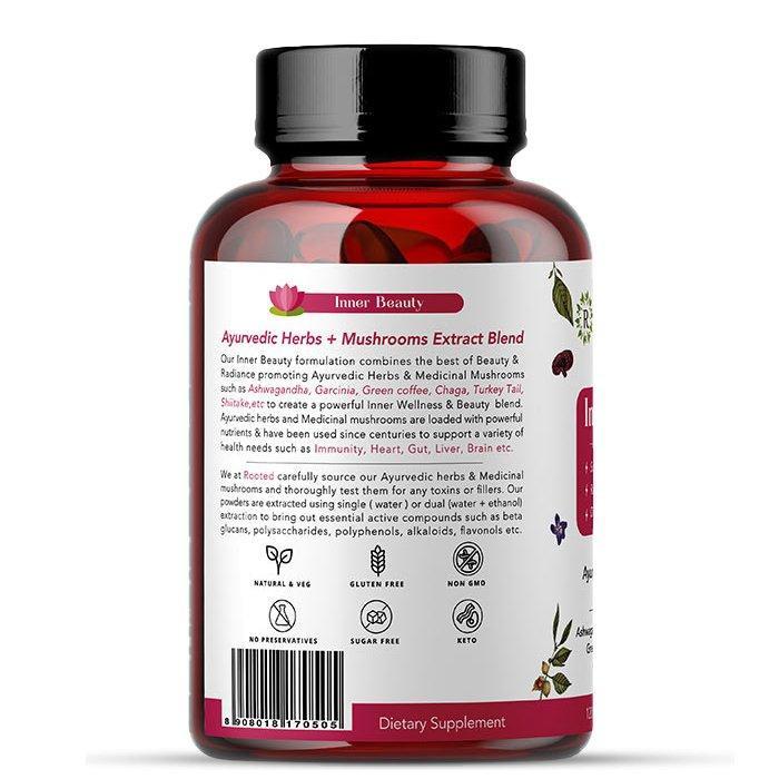 Rooted Inner Beauty Supplement for Collagen, Gut, Radiant Hair & Skin health | Mushrooms + Herbs Extract Blend | 120 Veg Caps of 650 mg each.