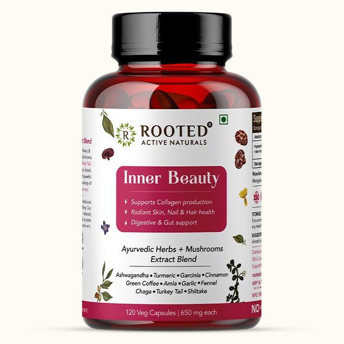 Rooted Inner Beauty Supplement for Collagen, Gut, Radiant Hair & Skin health | Mushrooms + Herbs Extract Blend | 120 Veg Caps of 650 mg eachMedicinal Mushrooms & Ayurvedic Herbs BlendInner Beauty | Medicinal Mushrooms & Ayurvedic Herbs Blend | CBD Store