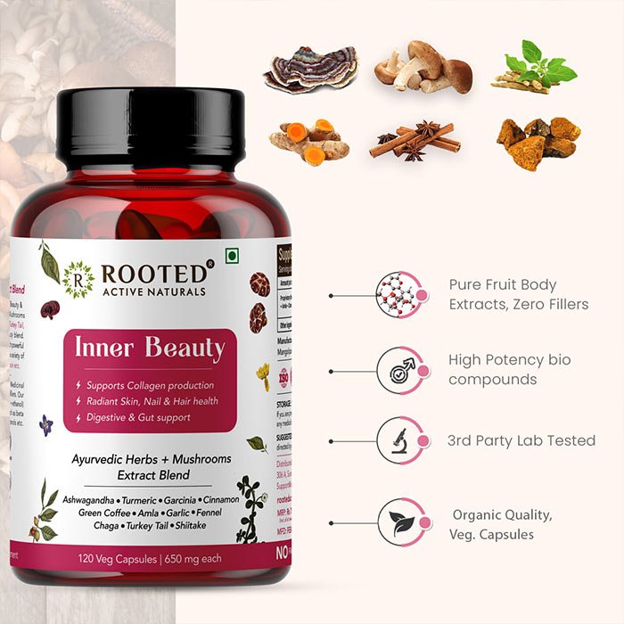 Rooted Inner Beauty Supplement for Collagen, Gut, Radiant Hair & Skin health | Mushrooms + Herbs Extract Blend | 120 Veg Caps of 650 mg each - CBD Store India