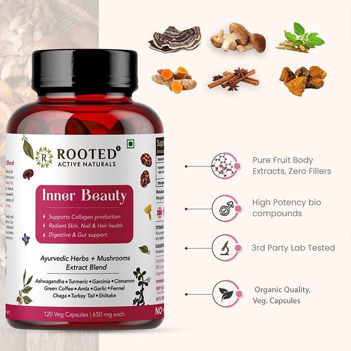 Rooted Inner Beauty Supplement for Collagen, Gut, Radiant Hair & Skin health | Mushrooms + Herbs Extract Blend | 120 Veg Caps of 650 mg eachMedicinal Mushrooms & Ayurvedic Herbs BlendInner Beauty | Medicinal Mushrooms & Ayurvedic Herbs Blend | CBD Store