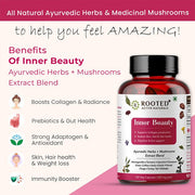 Rooted Inner Beauty Supplement for Collagen, Gut, Radiant Hair & Skin health | Mushrooms + Herbs Extract Blend | 120 Veg Caps of 650 mg each - CBD Store India