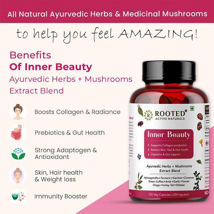 Rooted Inner Beauty Supplement for Collagen, Gut, Radiant Hair & Skin health | Mushrooms + Herbs Extract Blend | 120 Veg Caps of 650 mg each.