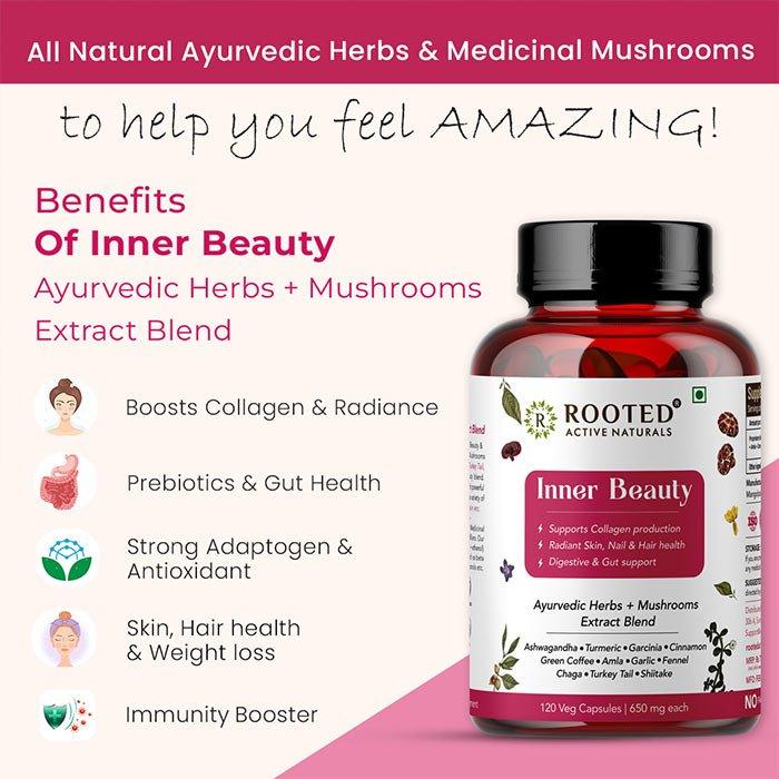 Rooted Inner Beauty Supplement for Collagen, Gut, Radiant Hair & Skin health | Mushrooms + Herbs Extract Blend | 120 Veg Caps of 650 mg eachMedicinal Mushrooms & Ayurvedic Herbs BlendInner Beauty | Medicinal Mushrooms & Ayurvedic Herbs Blend | CBD Store