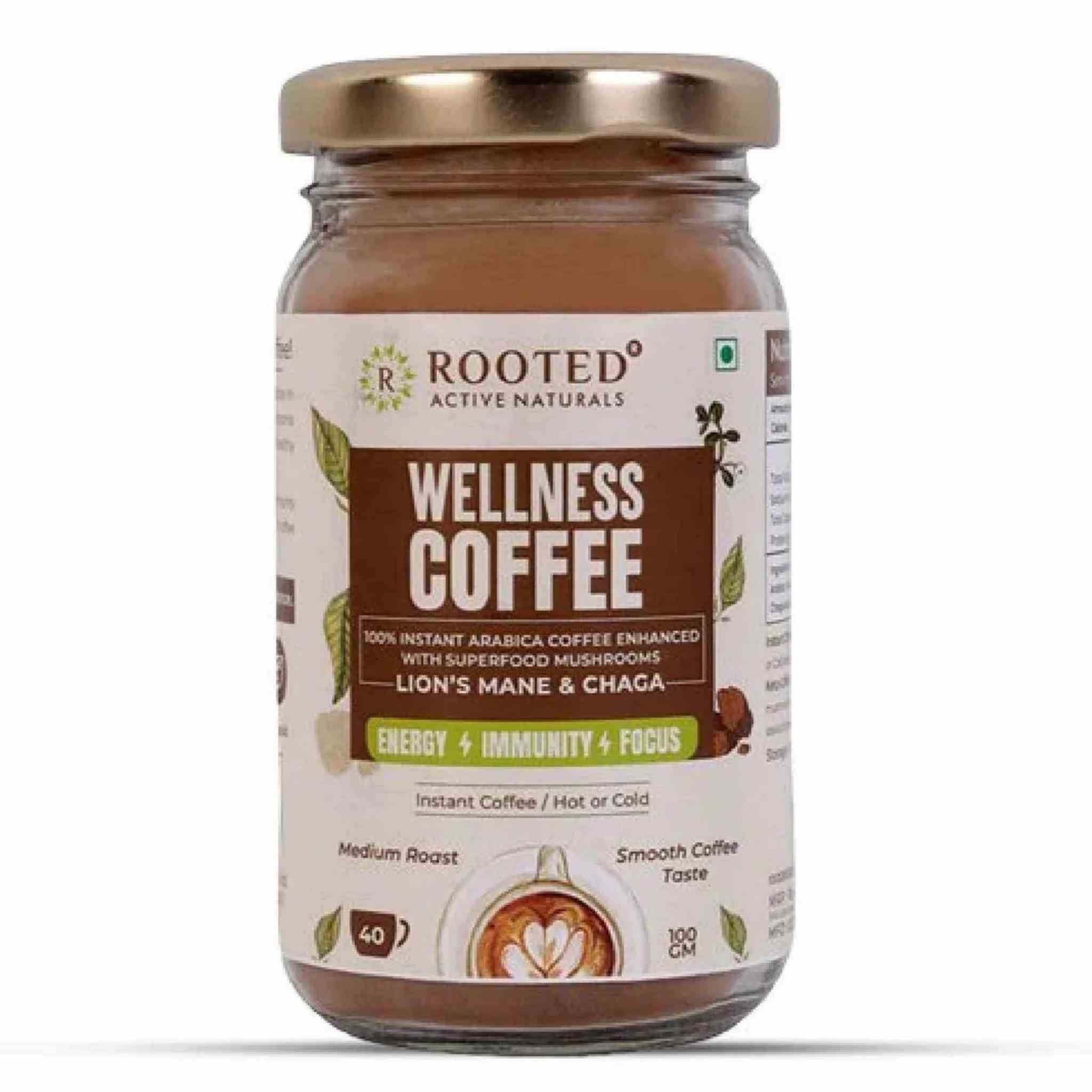 Rooted Instant Mushroom Coffee, Arabica coffee enhanced with Superfood Mushrooms (lion's Mane & Chaga) | Focus, Energy, Immunity & Heart health -100 G - CBD Store India