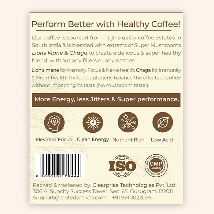 Rooted Instant Mushroom Coffee, Arabica coffee enhanced with Superfood Mushrooms (lion's Mane & Chaga) | Focus, Energy, Immunity & Heart health -100 G - CBD Store India