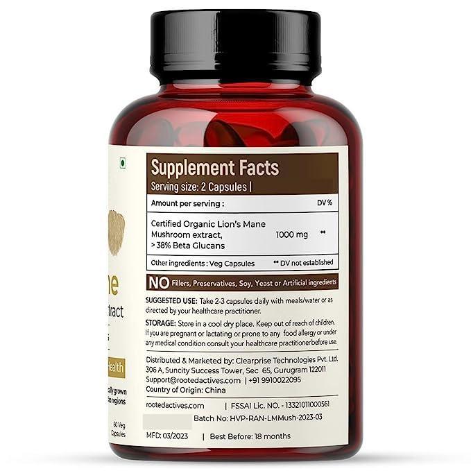 Rooted Actives Lions Mane mushroom Extract  (Veg Caps, 500 mg) | Memory, Focus, Brain Powder & Nerve Health..
