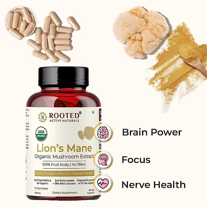 Rooted Actives Lions Mane mushroom Extract  (Veg Caps, 500 mg) | Memory, Focus, Brain Powder & Nerve Health.mushroom capsulesLions Mane Mushroom Extract Capsules | Supports Brain, Nerve & Heart
