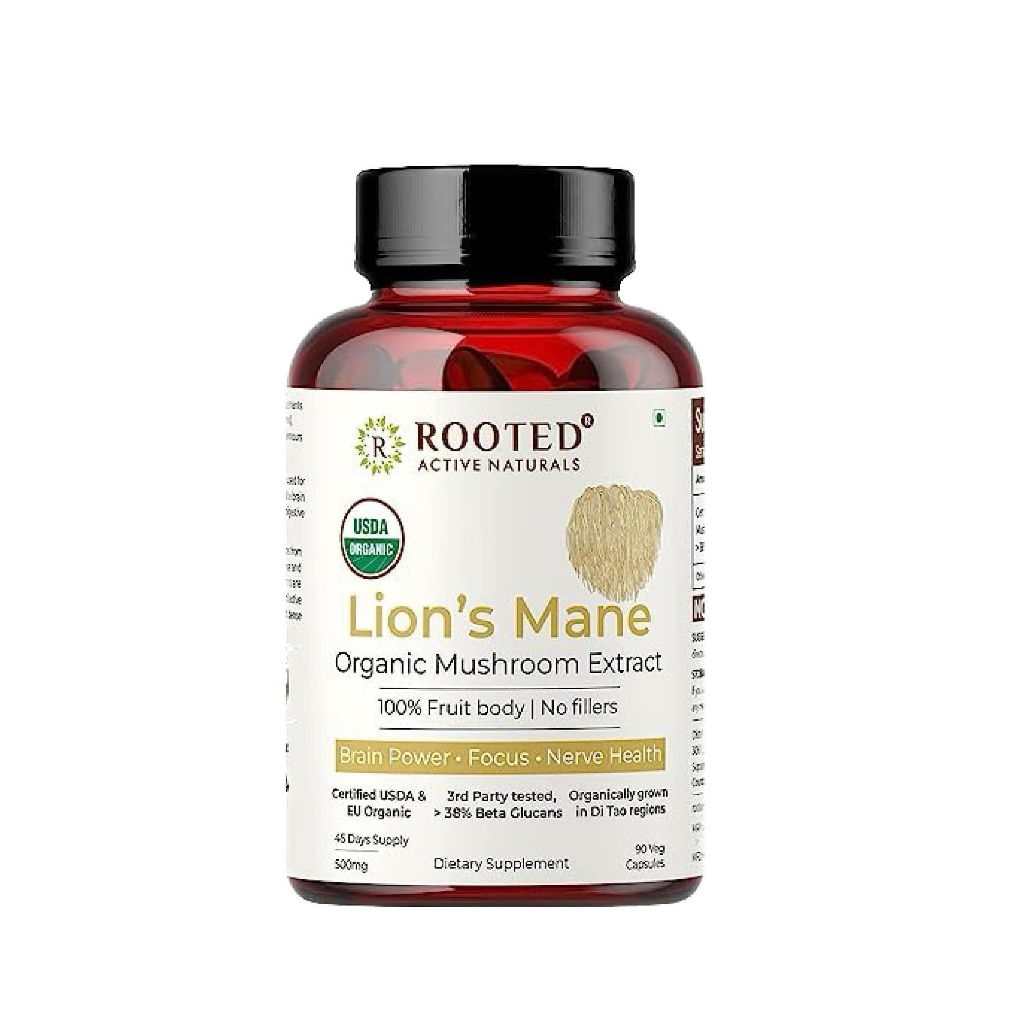 Rooted Actives Lions Mane mushroom Extract  (Veg Caps, 500 mg) | Memory, Focus, Brain Powder & Nerve Health..