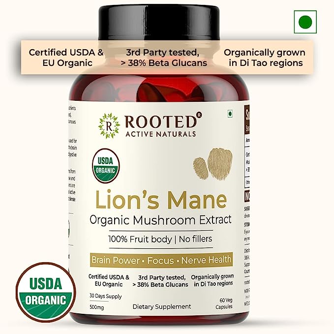 Rooted Lions Mane mushroom Extract Capsules 500 mg | Memory, Focus, Brain Powder & Nerve Health. USDA Organic, 38% Beta Glucans, Certified organic - CBD Store India