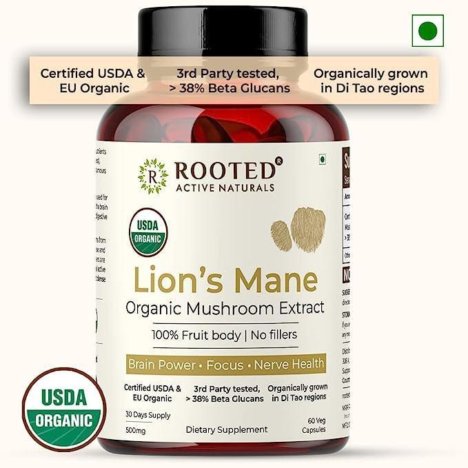 Rooted Actives Lions Mane mushroom Extract  (Veg Caps, 500 mg) | Memory, Focus, Brain Powder & Nerve Health..